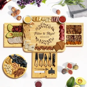 Custom Bamboo Drawer Charcuterie Board Set Utensils Round Tray Housewarming Gift - Picture 1 of 12