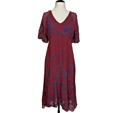 Maeve Francoise Dress Womens 8 Burgundy Wine Embroidered Floral Sheer Midi Boho - Image 1 of 4