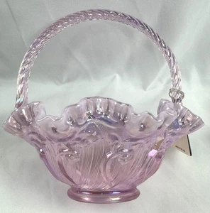 Vintage rosa opalisierende geraffte Kanten Fenton Glaskorb gedrehter Griff signiert - Bild 1 von 14