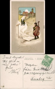 Gesundes Neujahr, Musikanten auf dem Weg zur Stadt 1908 Goldrand - Picture 1 of 3