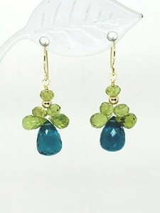 14k Yellow Gold Peridot and Apatite Briolette Cluster Drop Dangle Earrings - Picture 1 of 5
