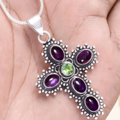 Amethyst & Peridot Schliff Edelstein 925 Sterling Silber Kreuz Anhänger New L... - Bild 1 von 4