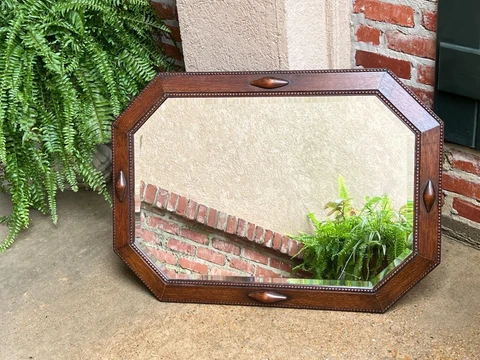 Antique English Beveled Wall Mirror Carved Oak Octagon Frame Jacobean Cover