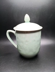 Celadon Porcelain Sea Green Glaze Carved Goldfish Koi Lidded Tea Cup coffee mug - Picture 1 of 6