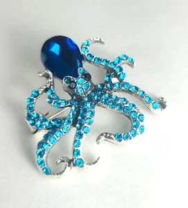 Vintage Deco Inspired Bright Blue Sparkly Crystal Rhinestone Octopus Pin/Brooch - Picture 1 of 8