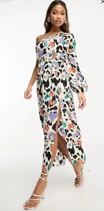Asos Boho multicoloured leopard animal print one shoulder Midi Dress 16 BNWT - Picture 1 of 4