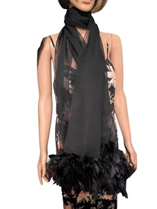Vintage Long Cejon Black Feather Chiffon Scarf Wrap Sheer Sexy Accessory - Picture 1 of 9