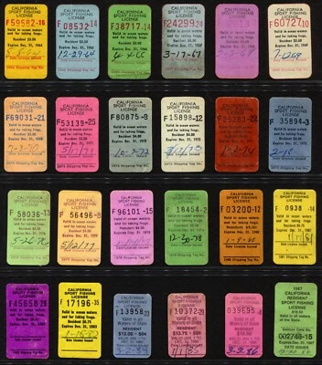 California Sport Fishing License Text Stamps USED Set of 24 1964-87 - Image 1 of 4