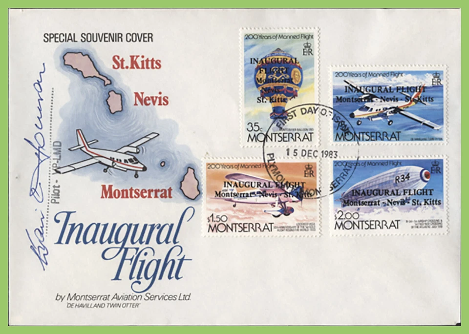 Montserrat 1983 Inaugural Flight Ovpt. set flown First Day Cover, Pilot signed - Image 1 of 1