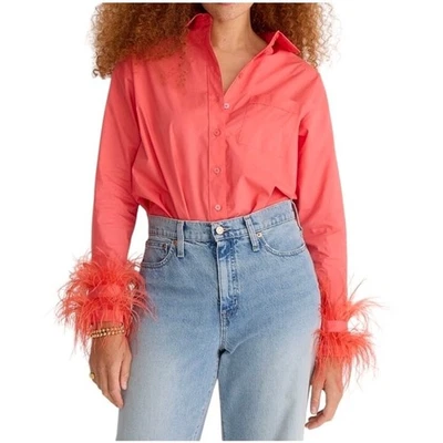 J Crew Collection Cotton Poplin Shirt With Feather Trim Size 00 Oversized - Image 1 of 4