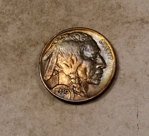 Buffalo Nickel 1936 * Casi sin circular AU (tonificado arco iris) * XB117 - Imagen 1 de 2