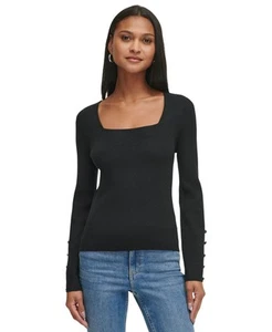 Calvin Klein Women's Ribbed Square-Neck Button-Sleeve Top (Black, Large) - Picture 1 of 3
