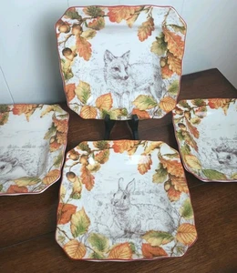222 FIFTH Birkhill Manor Autumn Salad Plates 4 Pc Fox Rabbit & Hedgehogs Acorns - Picture 1 of 9
