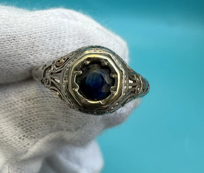 Increíble anillo de compromiso antiguo Art Deco zafiro platino filigrana Foto 1 de 4