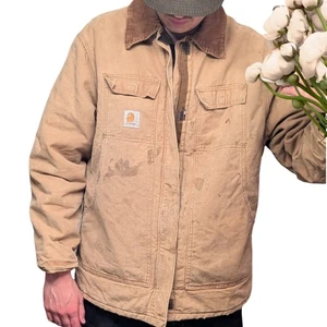 Carhartt Coat XL/Large Tan Arctic Quilt Lined Corduroy Collar Distressed Jacket - Picture 1 of 18