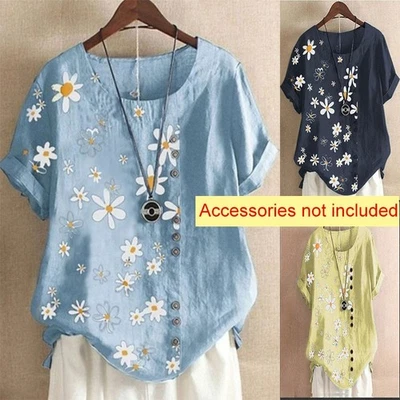 Summer Crew Neck Cotton Linen T Shirt Ladies Floral Loose Blouse Tops Tee Womens - Image 1 of 2