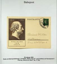 GERMANY 1932 FREIHERR VOM STEIN 8pf PS CARD FRANKFURT-BASEL BAHNPOST TO KOLLNAU