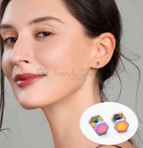 Classic Men Women Multicolor Rainbow Hexagon 4MM Ear Studs Pierced Earrings - Picture 1 of 6