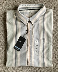 NUEVA M&S Para Hombres Azul Mezcla Algodón Puro Rayas Oxford Camisa Manga Corta Talla 4XL - Imagen 1 de 3