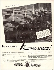 1943 anuncio de la Segunda Guerra Mundial para American Railroads toma 75 trenes para mover una división 040224 - Imagen 1 de 1