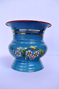 Vintage Enamelware Flower Pot Urn Planter Spittoon Pail Vase Floral Blue Red"F29