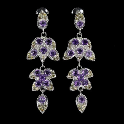 Orecchini In Argento Sterling 925 Con Pietre Naturali Di Ametista E Zaffiro - Immagine 1 di 4