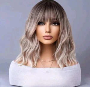 Platinum Blonde Wig Human Hair Blens Short Straight Bob Bangs Layers Natural - Picture 1 of 5