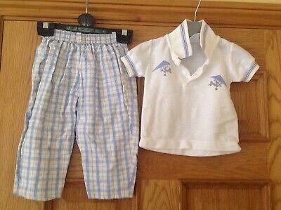 VINTAGE Ragazzi Blue & White Pantaloni & Polo (Microlight) Outfit Età 3 - 6 M • 8.71€