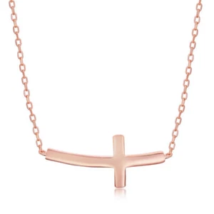 Classic Women's Necklace Sterling Silver Rose Gold Curved Sideways Cross L-3617 - Picture 1 of 1