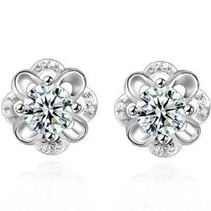 925 Sterling Silver Crystal Rose Flower Fashionable Women/Girls Stud Earrings - Picture 1 of 6