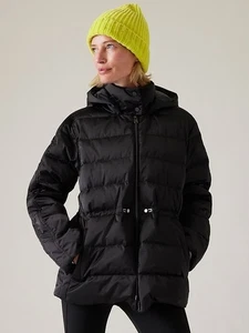 Abrigo chaqueta acolchada de satén Athleta Pursuit negro con capucha para mujer grande BONITO - Imagen 1 de 12