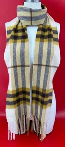 Burberry 100% Cashmere Gold Black Nova Check Plaid Scarf With Fringes - Picture 1 of 13