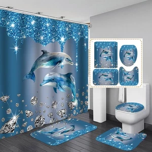 4PCS Diamond Dolphin Shower Curtain Bathroom Set with Rugs, Toilet Lid Cover ... - Picture 1 of 9