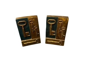 Vintage Pair Of Signed Marion Bronze Bookends Skeleton Keys Original Paint - Afbeelding 1 van 7