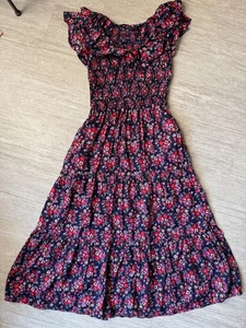 Abito midi GAP svolazzante manica smocked floreale piccolo rose rosse Cottagecore - Foto 1 di 5