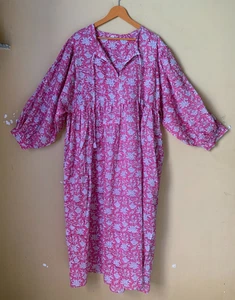 Beautiful Floal Summer blockprint cotten dress Deep Neck with string & gift item - Picture 1 of 4