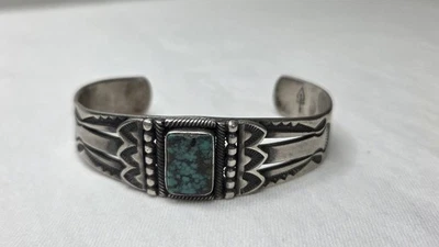 Vintage Fred Harvey Era Navajo Heavy Stamped Sterling Turquoise Cuff Bracelet  - Image 1 of 4