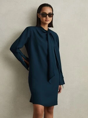 REISS Womens Avery Tie Neck Belted Mini Dress in Teal UK Size 10 - Image 1 of 4