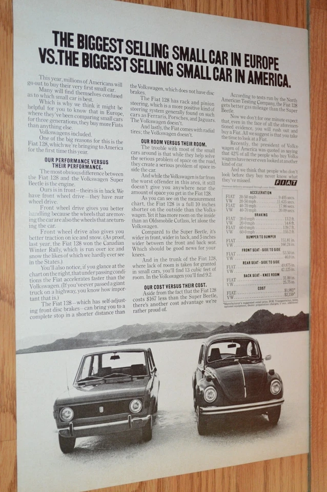 1972 FIAT 128 VS VW ЖУК ОРИГИНАЛЬНАЯ РЕКЛАМНАЯ РЕКЛАМА ПЕЧАТЬ 72 ФОЛЬКСВАГЕН БАГ - Изображение 1 из 1