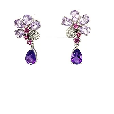 纯银花朵耳环带钻石 - 0.05 克拉正品紫水晶 — 第 1/4 张图片