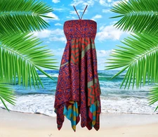 Women's Floral Halter Dress, Blue Pink Bohemian Recycled Summer Travel S/M