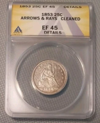 1853 Cuarto sentado 25c flechas y rayos de plata certificados ANACS EF45 XF45 detalles Foto 1 de 4