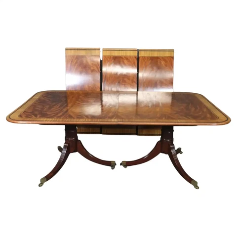 Satinwood Banded Flame Mahogany Sheraton Style Dining Table with 3 Leaves Cover
