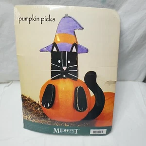 Halloween schwarze Katze Kürbis Pick lila Hut Holz Midwest of Cannon Falls neu - Bild 1 von 11