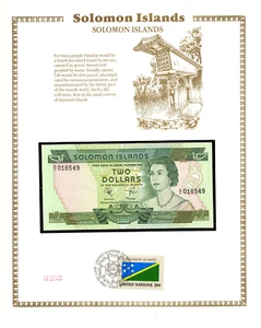 Solomon Islands Banknote 1977 $2 UNC P-5 UN FDI FLAG STAMP prefix A/2 Low 016549 - Picture 1 of 3