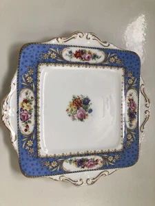 PARAGON Bone China Blue HANDLED SQUARE CAKE PLATE 9 1/2" FLORAL In 1920’s EUC - Picture 1 of 4