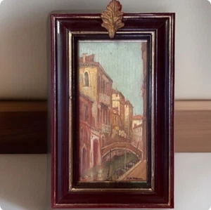 quadro 900 vecchio dipinto vintage olio su tela paesaggio Venezia con cornice ad - Foto 1 di 10
