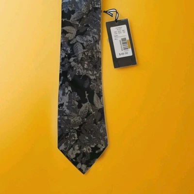 Murano Black Silk Floral Tie – Silver on Black – Slim 2.5” x 60” – NWT - Image 1 of 3