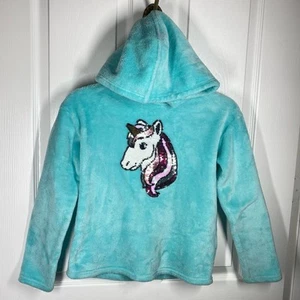BCBG Girls Sweatshirt Unicorn Fleece Sequin Hoodie Teal Green Pink Kid Med 10 12 - Picture 1 of 8