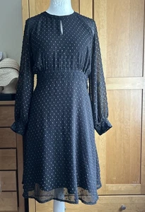 Dorothy Perkins Black Chiffon with Gold Polka Dot Dress fully Lined.Size 16 - Picture 1 of 7